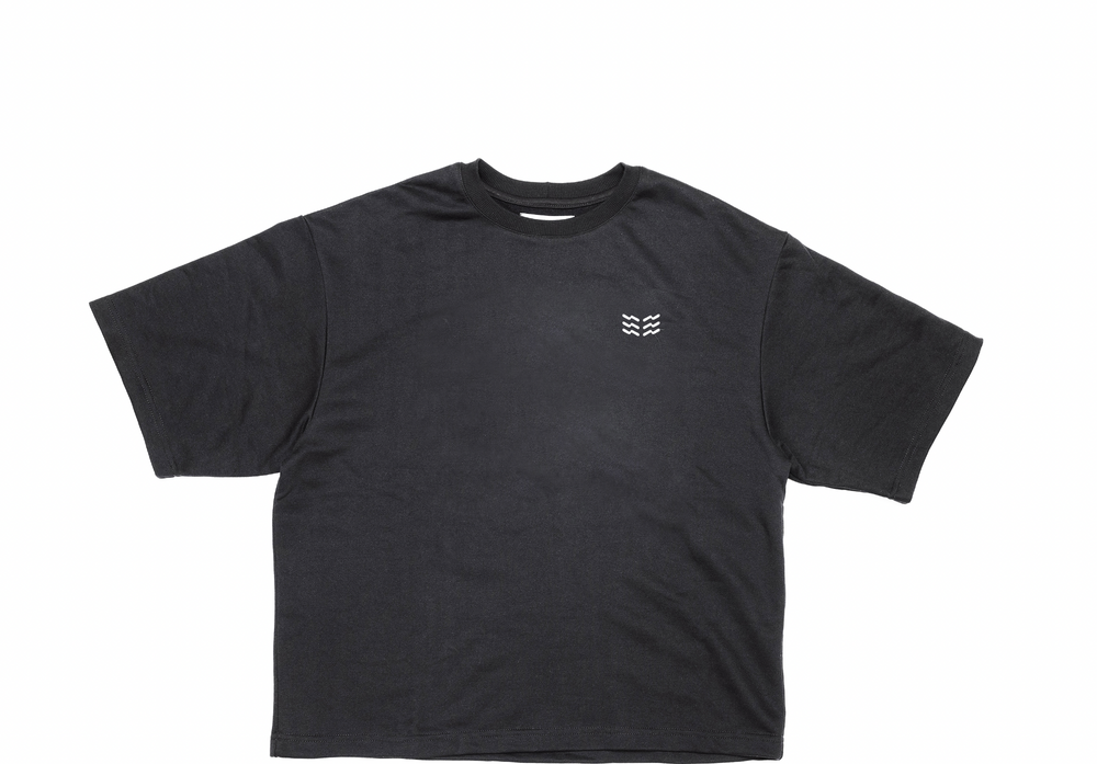 Black heavy t-shirt with small wave logo on a white background