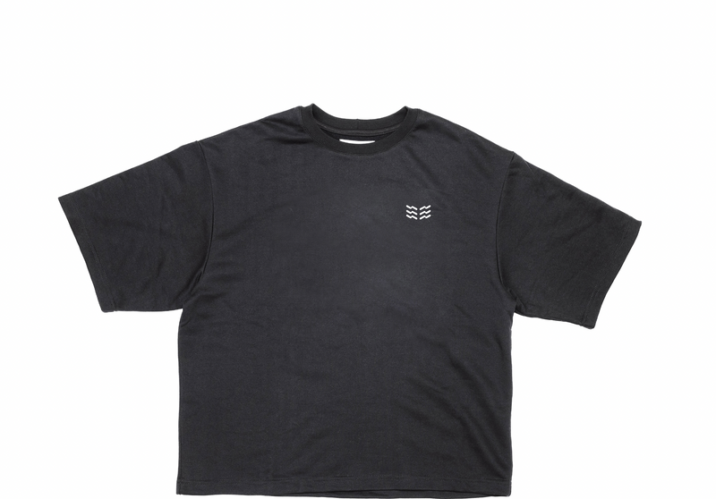 Black heavy t-shirt with small wave logo on a white background