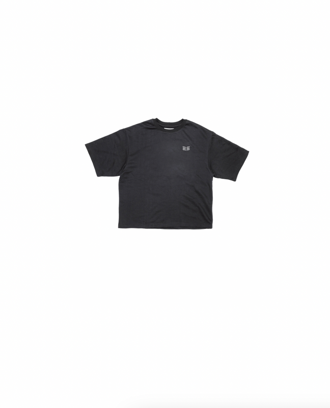 Black heavy t-shirt with small wave logo on a white background